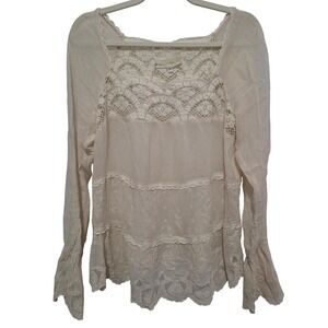 Johnny Was Lace Top Cream Boho Peasant Bell Sleeve Sheer Size Small